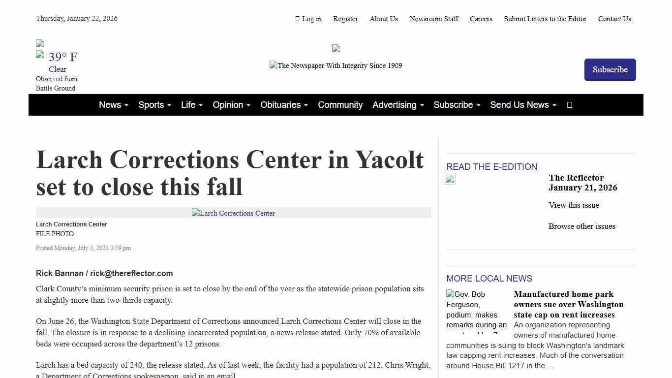 Larch Corrections Center in Yacolt set to close this fall The Reflector